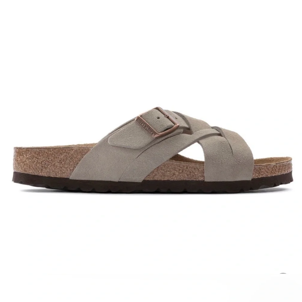 NWT Birkenstock  Lugano Soft Footbed Suede Leather Taupe Sandals Men’s Sz 44/11